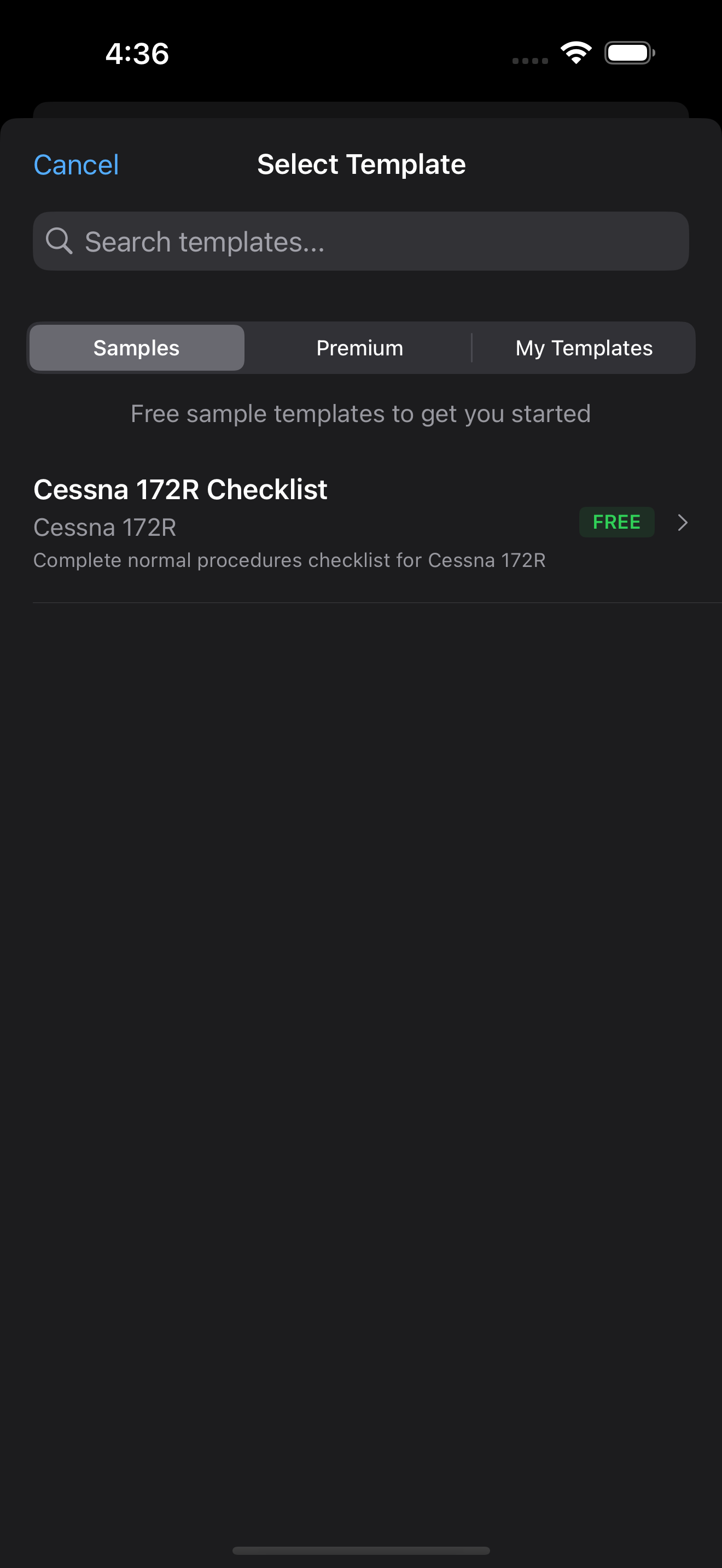 ACE Checklist Editor template browser shown on iPhone