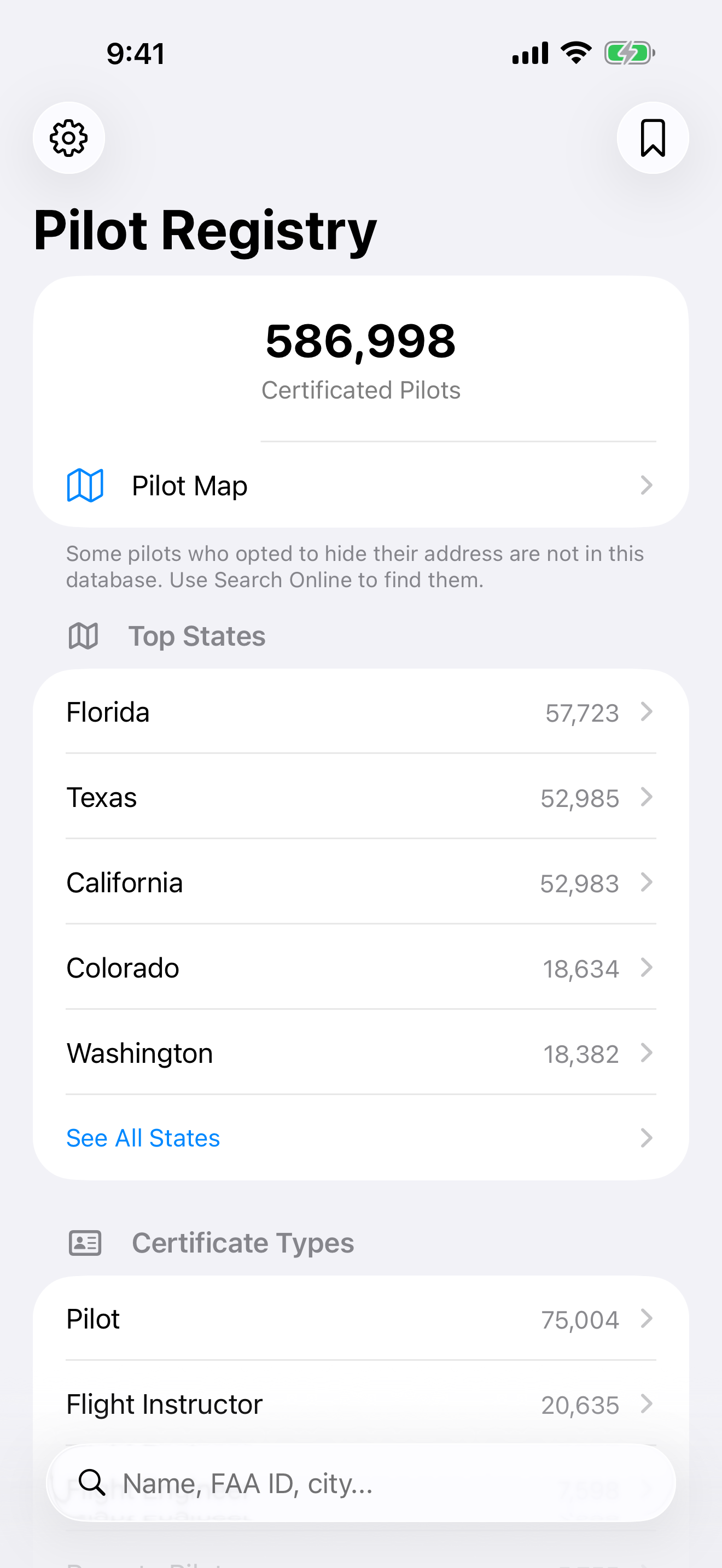 ACE Pilot DB app showing pilot search results on iPhone