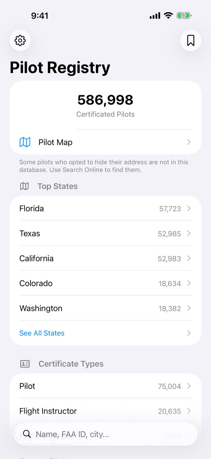 Aplikacja ACE Pilot DB pokazuje wyniki wyszukiwania pilotów na iPhonie