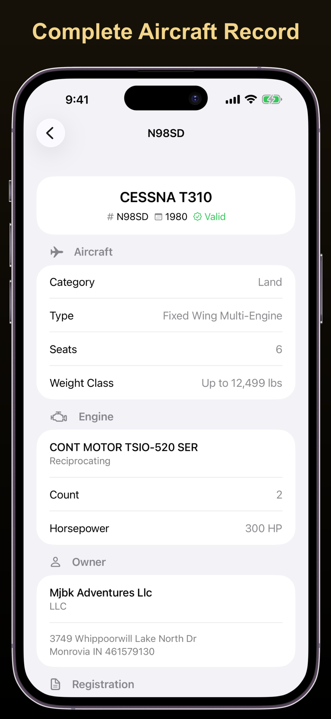 ACE Tailboard aircraft detail screen showing full registration information
