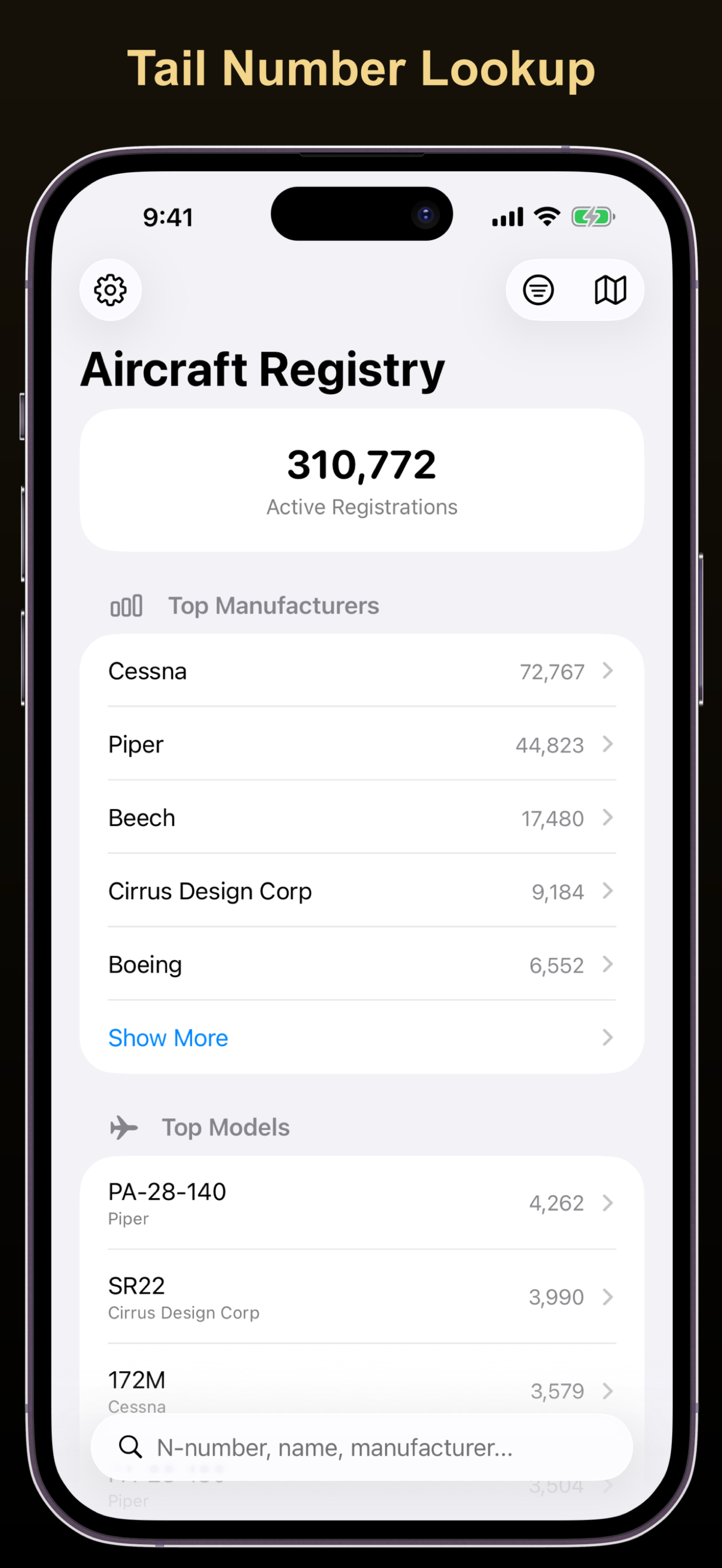 ACE Tailboard home screen on iPhone showing aircraft registry overview