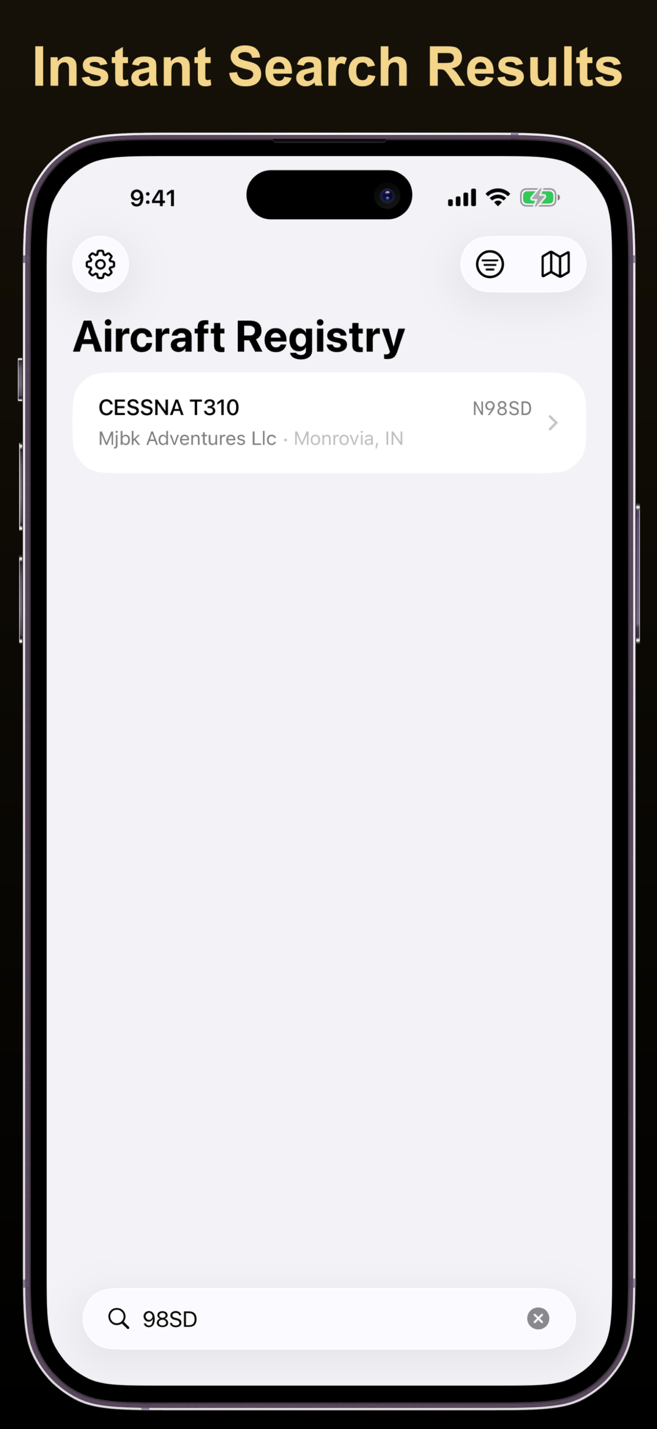 ACE Tailboard search results screen showing matching aircraft for a tail number