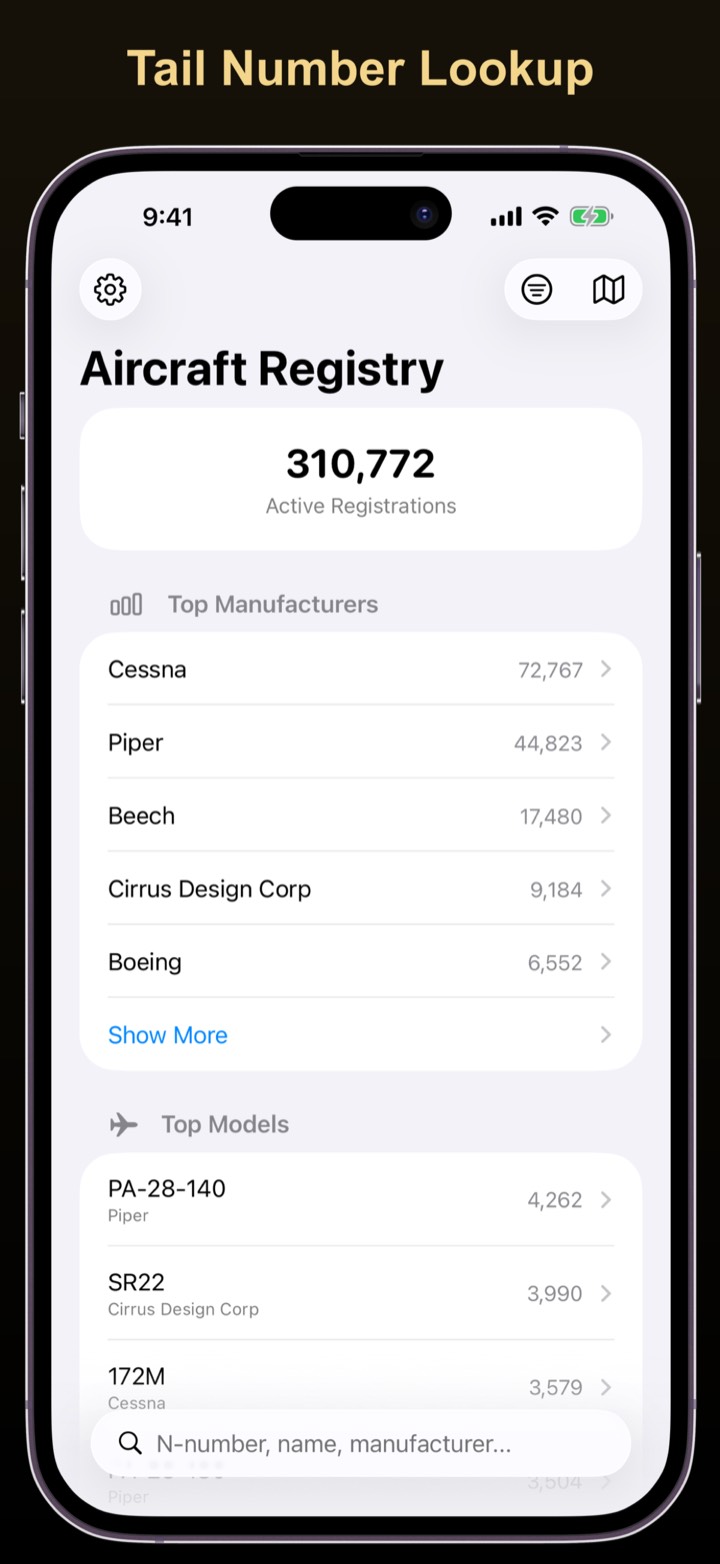 ACE Tailboard home screen on iPhone showing aircraft registry overview