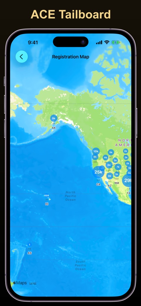 ACE Tailboard interactive registration map screen