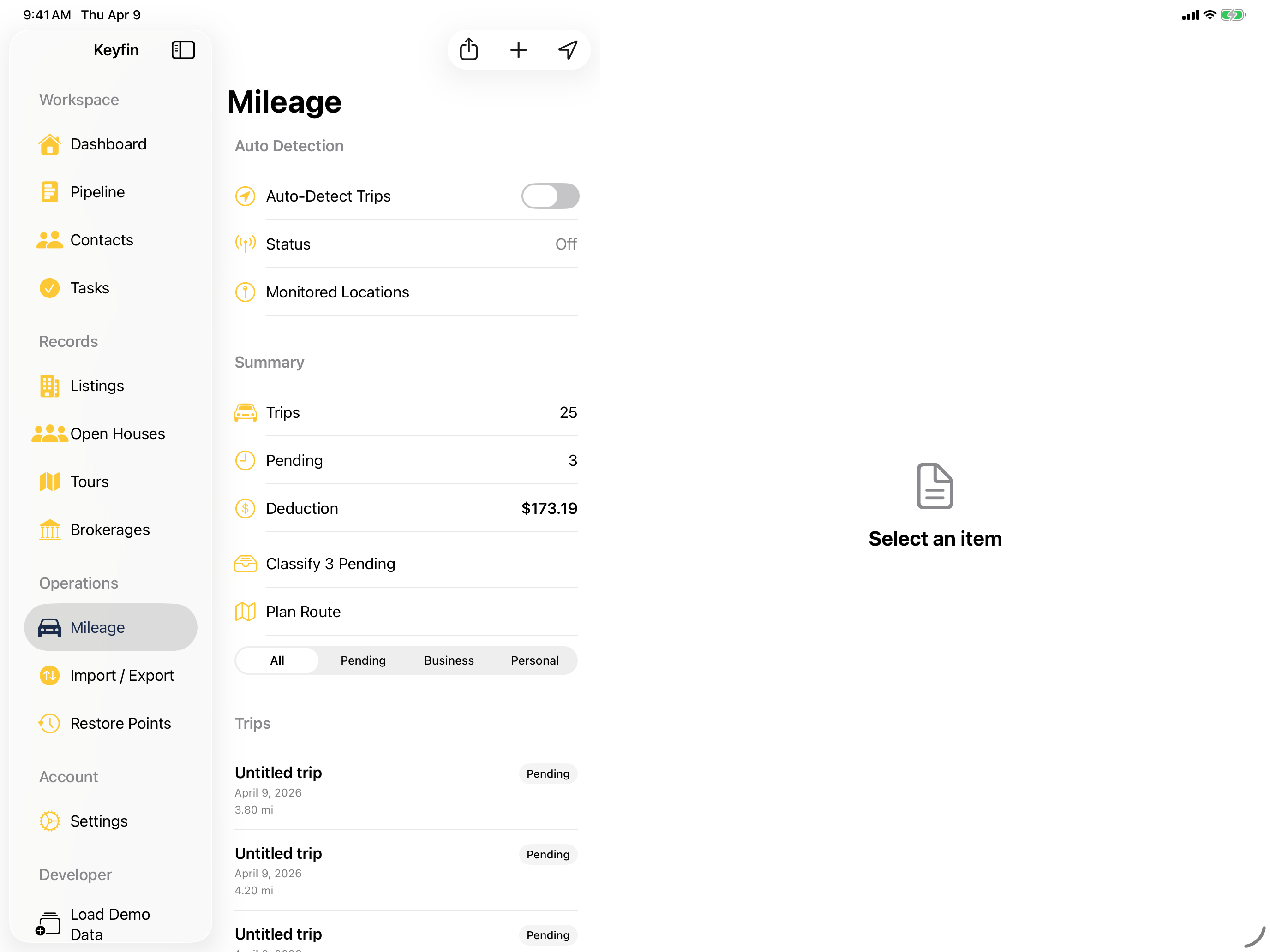 iPad mileage tracking with detailed trip list