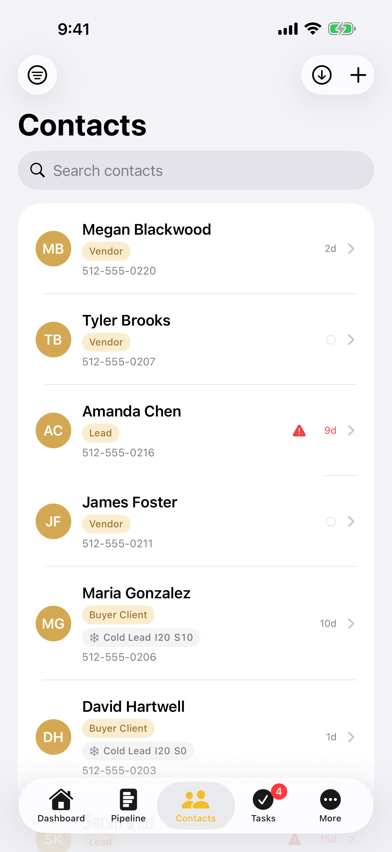 Contacts management with client details