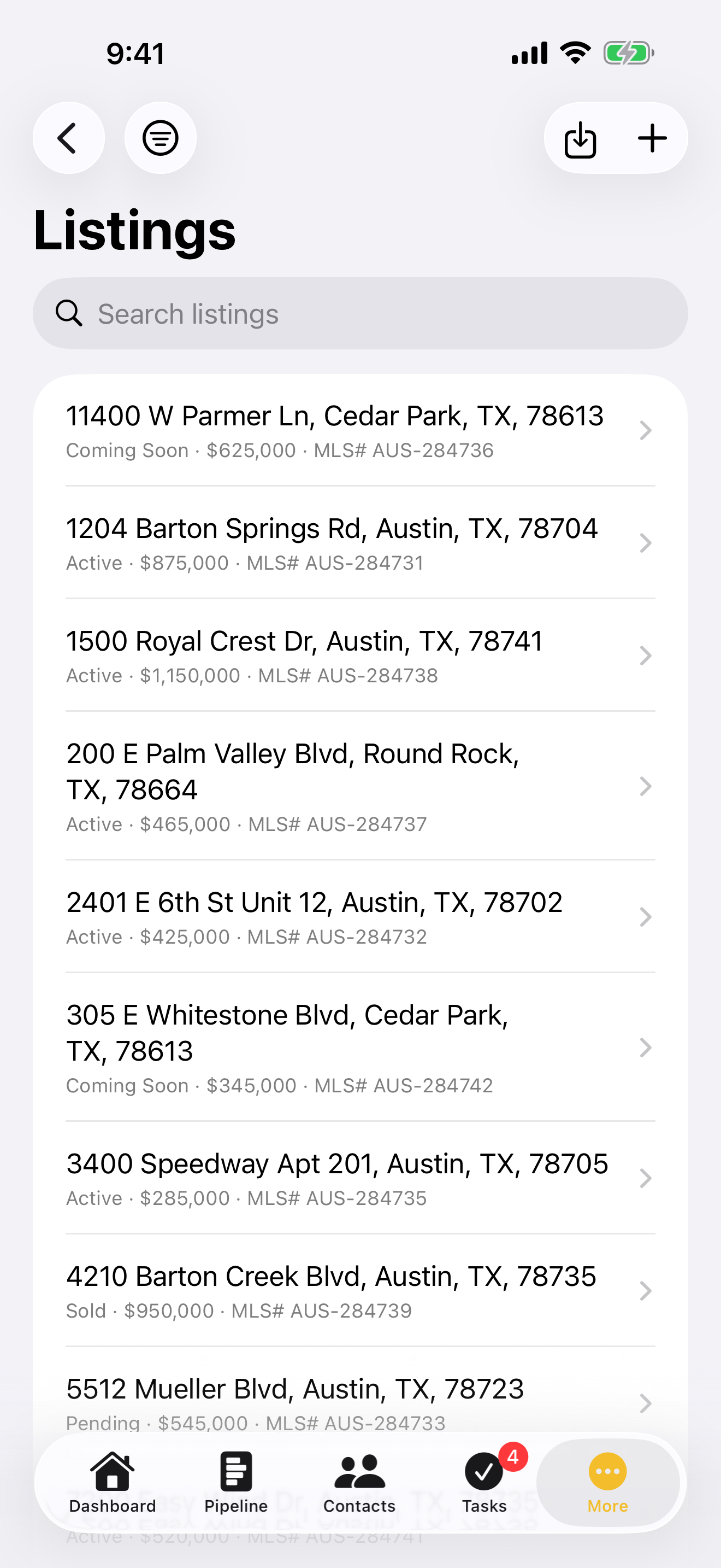 Property listings with status tracking