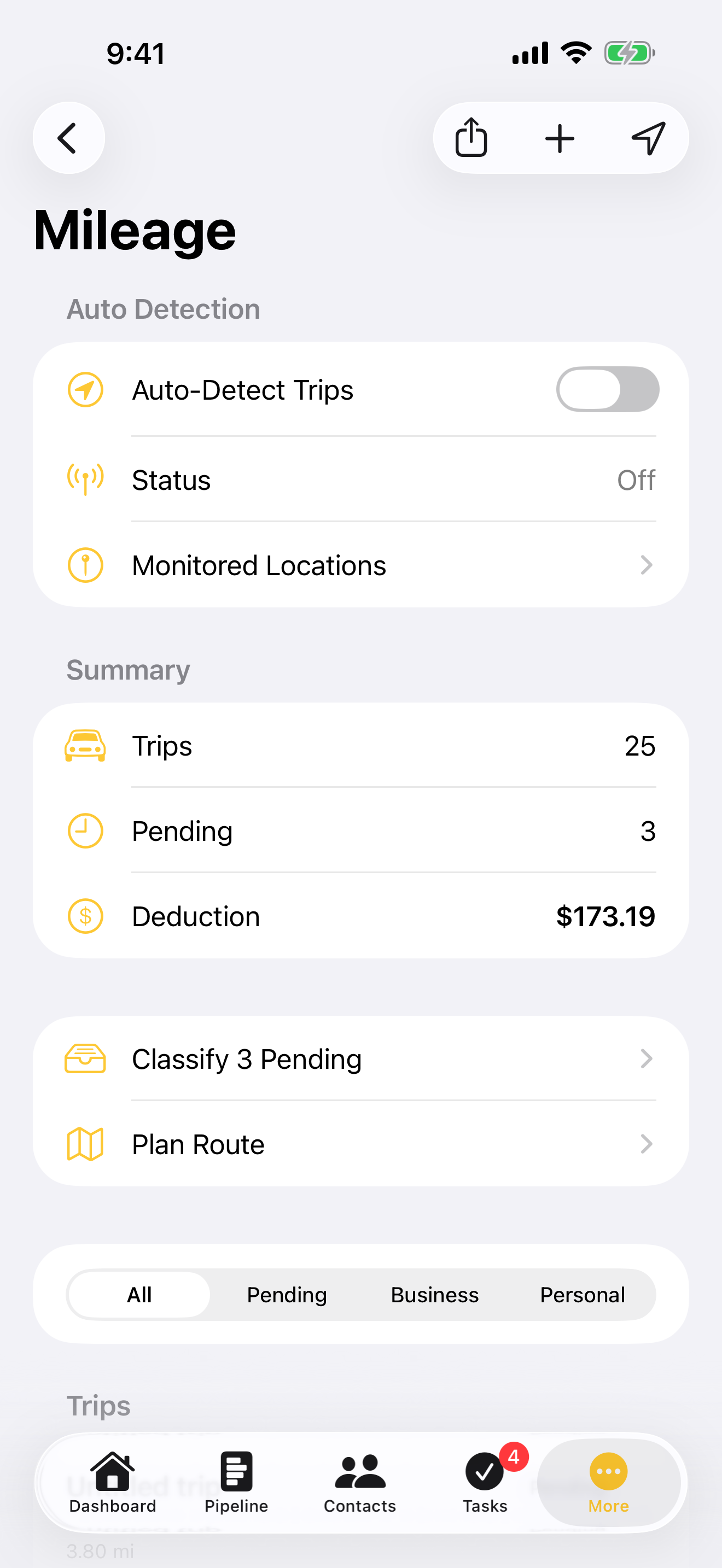 Automatic mileage tracking screen